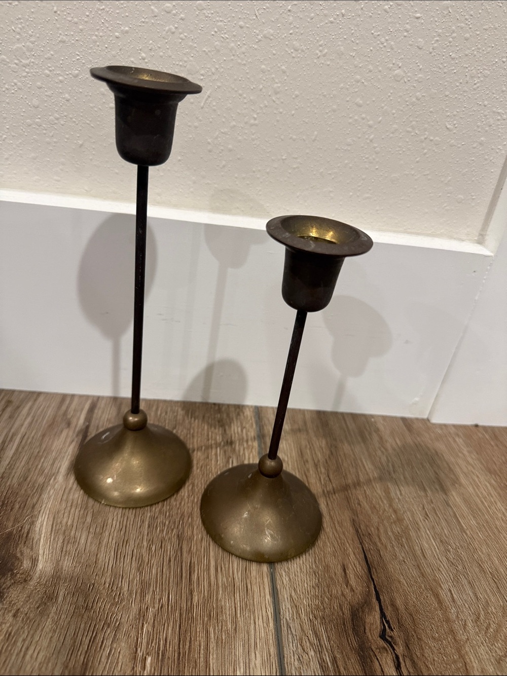 Set of 2 Brass Patina Candle Holders - 8.5 and 6.5 inches